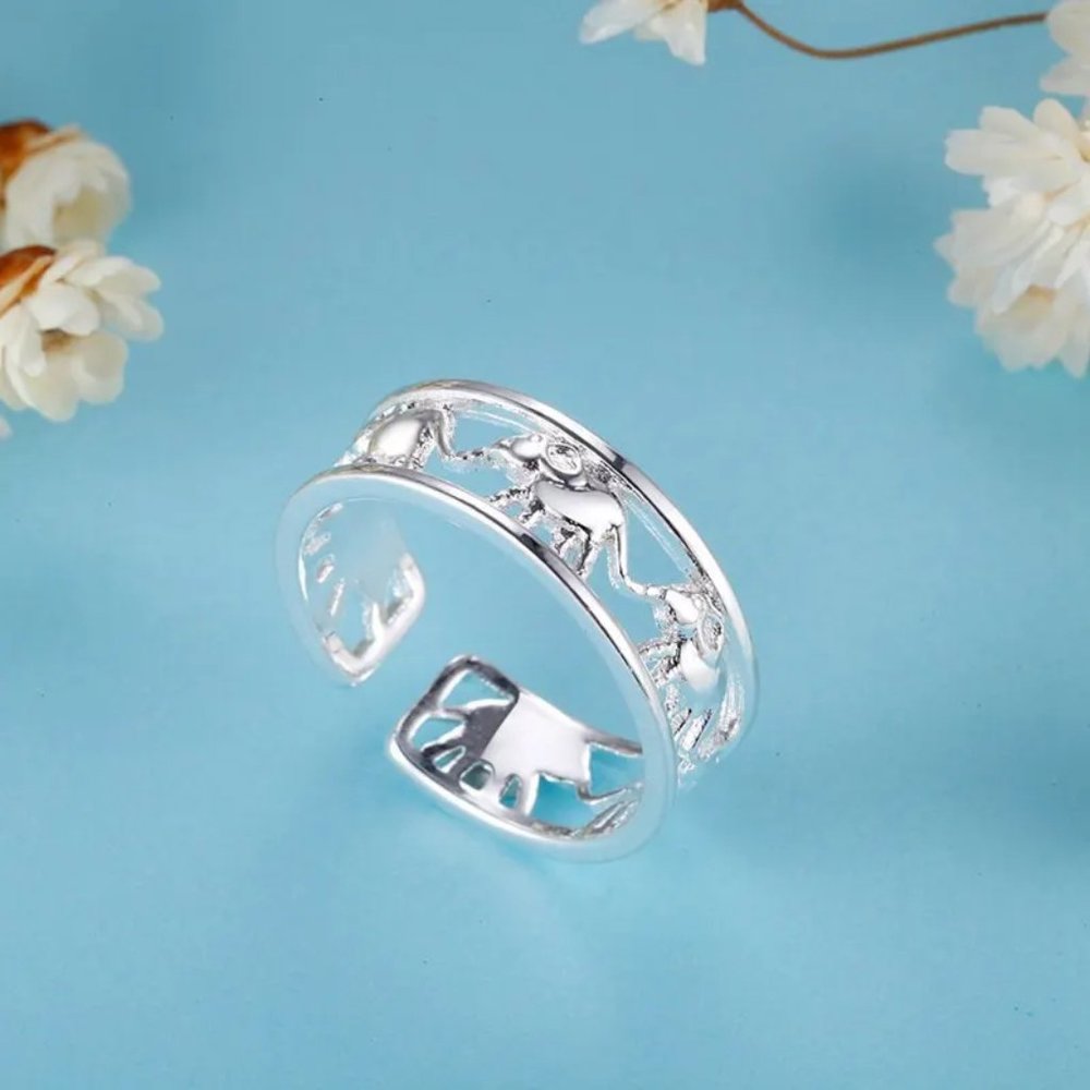 Elephant Adjustable Ring 925 Sterling Silver Heart Gift Ring - Picture 3 of 3